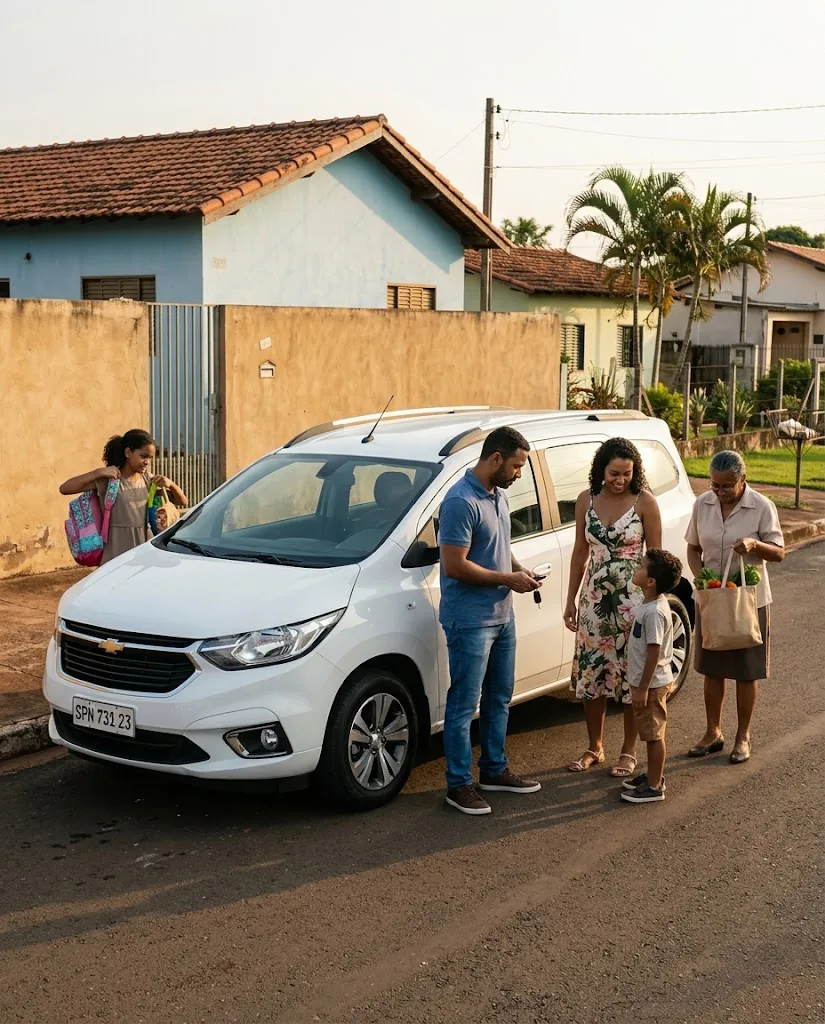 Família ao lado de carro em rua residencial