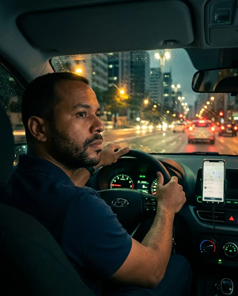 Motorista de aplicativo dirigindo no trânsito urbano