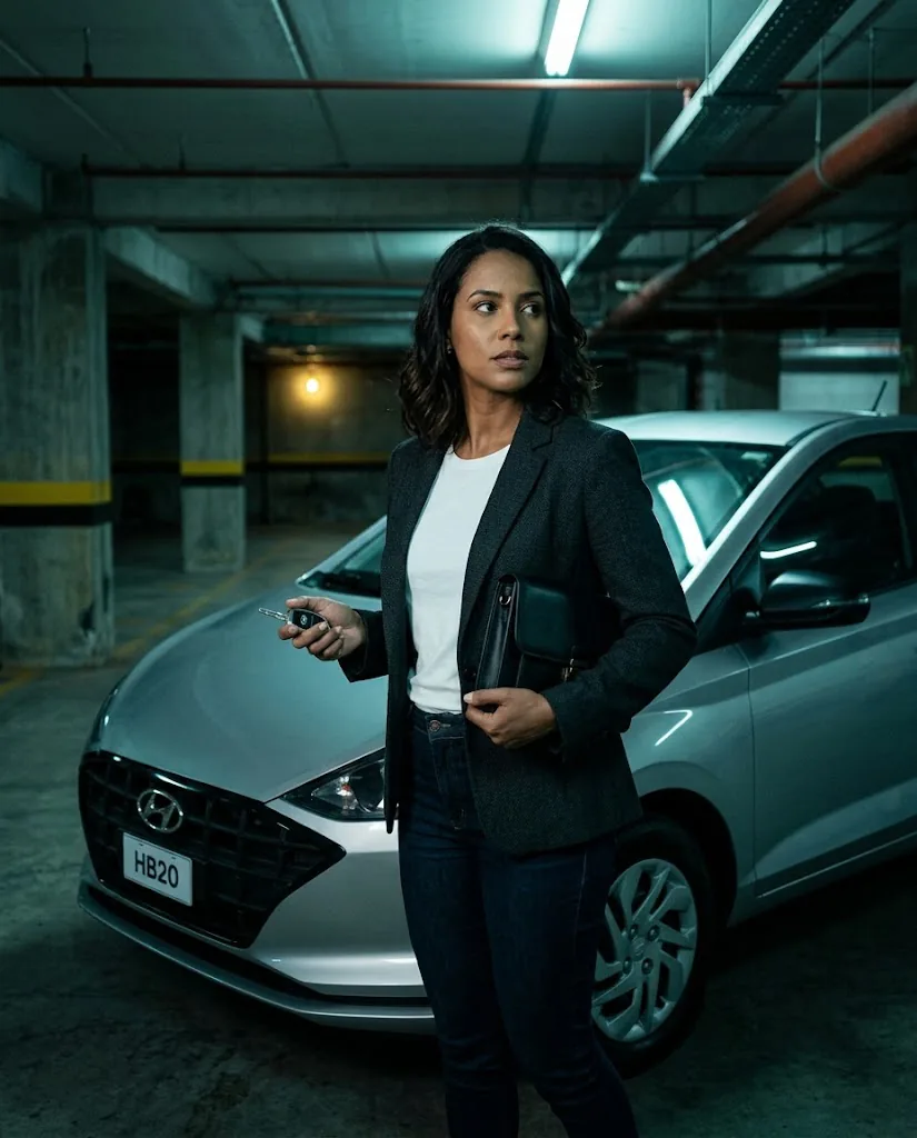Mulher ao lado do carro em estacionamento urbano